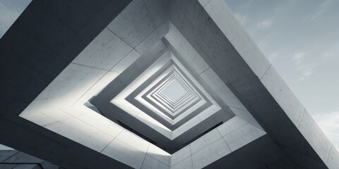 Abstract perspective of a geometric concrete tunnel or skylight with repeating squares.