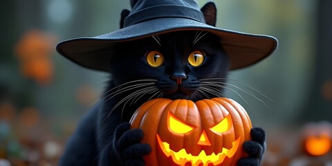 Mystical Feline With Halloween Pumpkin Lantern