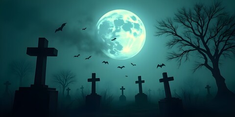 A haunting cemetery filled with cross-shaped tombstones shrouded in greenish mist beneath a luminous full moon, accompanied by silhouetted bats and barren trees in this chilling Halloween scene.