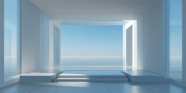Modern minimalist architectural space with geometric platforms overlooking a serene ocean view.