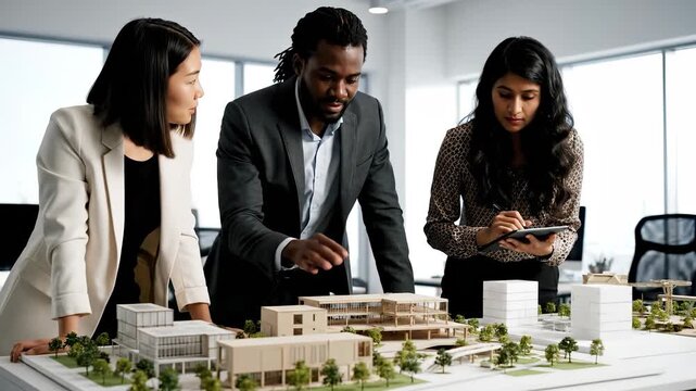 A woman, a man, and another woman examine an architectural model while the man focuses on the model. The woman points to the model as the other woman holds a tablet beside it.