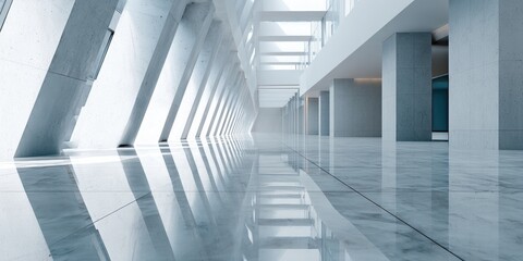 Obraz premium Modern Architectural Interior with Reflective Floor and Geometric Concrete Pillars