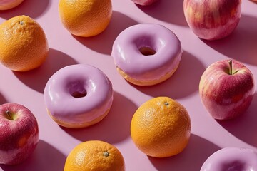 A close up of a pink and white donut and two oranges