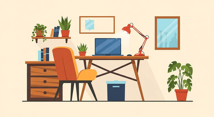 Fototapeta premium Vector of a Modern Home Office Desk with Laptop Desk Lamp and Indoor Plants in Cozy Workspace