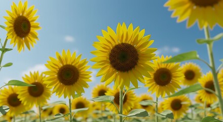 Field of blooming sunflowers under a clear blue sky