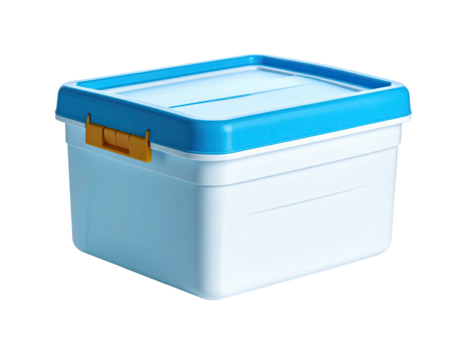 A white storage container with a blue lid and handle, rendered on a black background