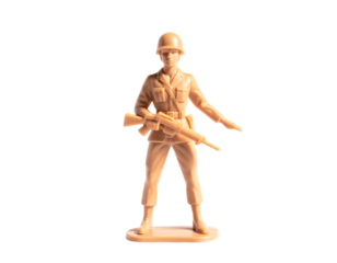 A single beige plastic toy soldier with a rifle on a black background