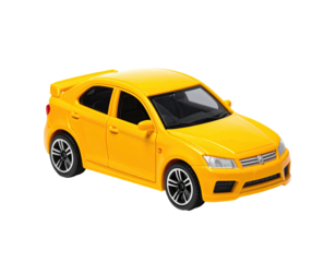 Bright yellow sedan toy car angled, showing wheels, headlights, and a rear spoiler