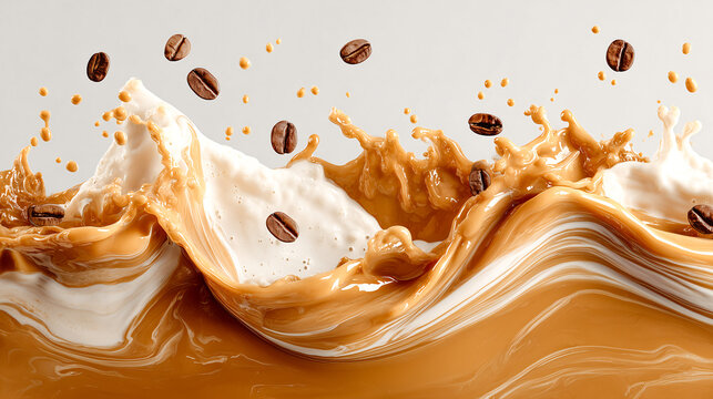 Cream splash coffee wave latte art milk swirl espresso bean caramel tone liquid motion splash photography abstract fluid creamy texture surge with lively energy and dynamic rhythm