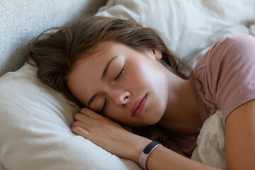 Sleep quality as a key indicator of human health. A smart bracelet on a sleeping girl's wrist.