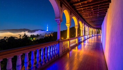 Nighttime Balcony View of Illuminated Cityscape and Misty Mountains