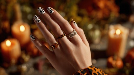 Close-Up Hand with Halloween Nail Art and Accessories 
