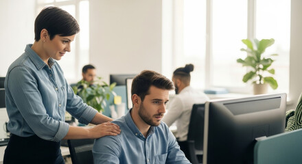 Supportive workplace environment enhances employee wellbeing and mental health, fostering productivity and effective solutions. This captures teamwork and encouragement in modern office