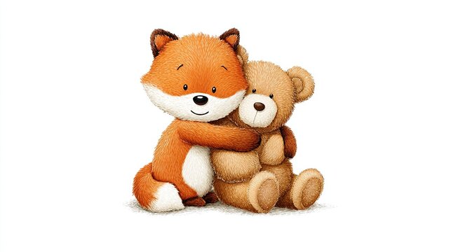 An animated fox with soft orange fur hugs a cuddly teddy bear, both smiling on a white background