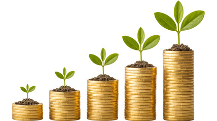 A financial growth chart made of stacked gold coins showing plant growt