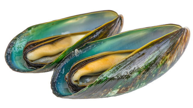 Two Fresh Green Lipped Shellfish Bivalves Open on White Background