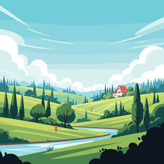 Obraz premium A beautiful serene countryside landscape with a flowing river and green rolling hills under a bright blue sky.