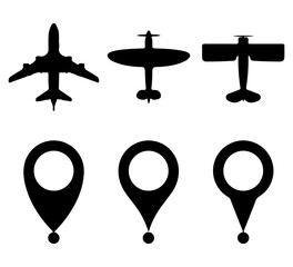 Airplane and location pin silhouette icon set. Editable vector illustration of aircraft types and map markers. EPS travel navigation pack © RayZing  
