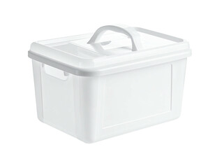 White plastic storage bin with lid and handle, isolated on black background