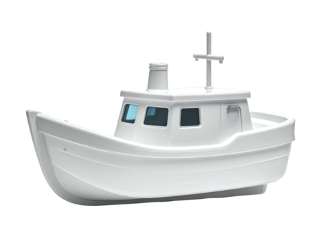 A pristine white boat, rendered with a stylized, smooth finish, against a black background