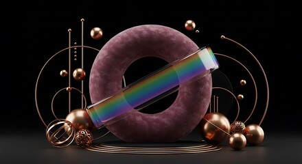Abstract composition featuring a purple torus, iridescent cylinder, and metallic spheres arranged on a dark background with geometric wireframes.
