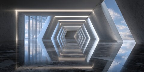 Futuristic hexagonal corridor in a modern minimalist building interior.