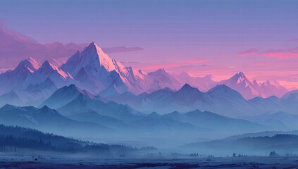 Serene sunset over a vast, layered mountain range, rendered in soft, pastel purples and blues, with a hazy valley below
