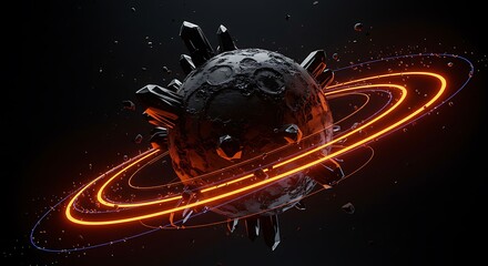 A rocky celestial body with glowing orange rings orbiting in space