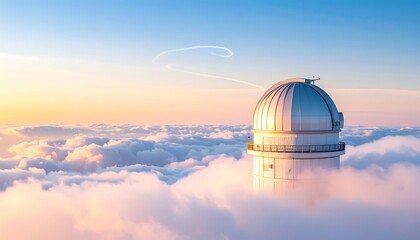 Observatory Building Above Clouds with Sunset Sky Background
