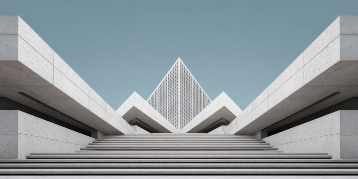 Symmetrical Minimalist Concrete Architecture with Pyramid Structure and Steps
