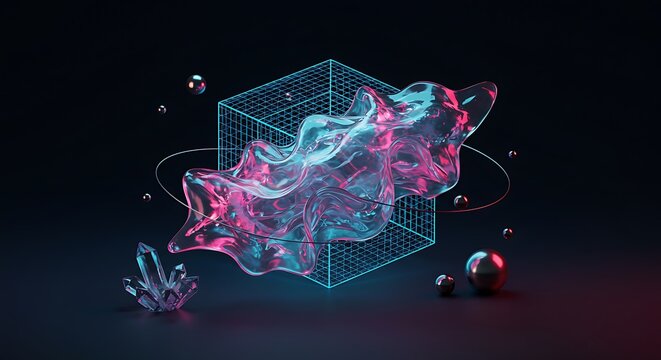 Abstract digital artwork featuring a glowing cube with flowing neon particles and floating spheres in a dark space