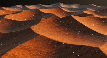 Sand dunes under starlight with glowing particles scattered across the desert landscape