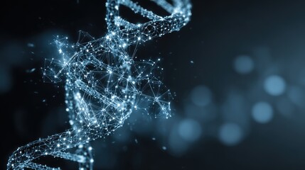 A detailed and intricate digital depiction of DNA strands, displaying complex connections and structures set against a dark background.
