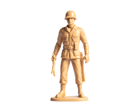 Small, tan, plastic soldier figurine with rifle and helmet