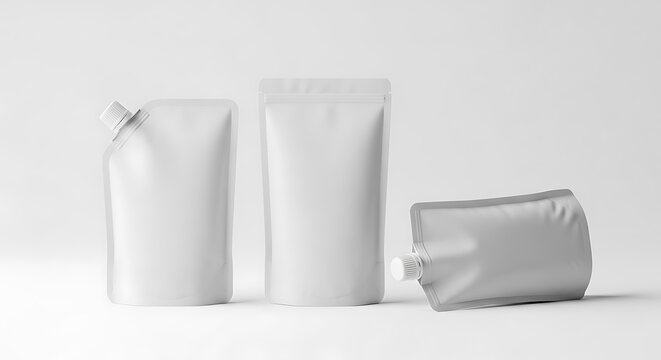 Three blank white pouches with spouts isolated on white background