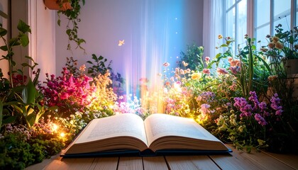 Open Book Surrounded by Flowers with Light Beams and Fairytale Ambiance