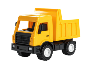 A yellow plastic toy dump truck with black tires and a lifted bed