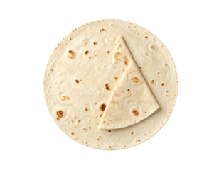 Overhead shot of a round tortilla with a folded, triangular slice