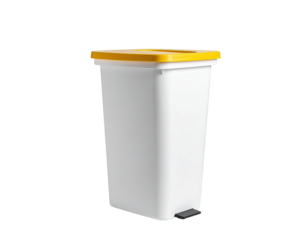 Tall, white, rectangular waste container with a yellow lid and black foot pedal