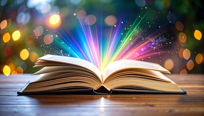 Open Book with Colorful Light Burst and Blurry Bokeh Background