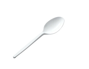 A white, plastic spoon angled diagonally against a solid black background
