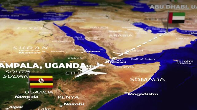 Flight from Abu Dhabi UAE to Kampala UGANDA with flag pins