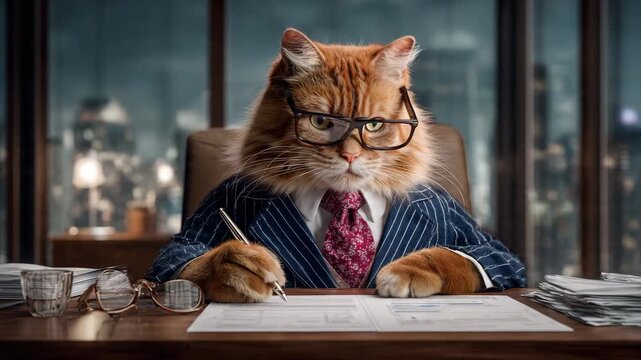 Serious orange tabby cat in pinstripe business suit and glasses, writing at executive desk in modern office, concept of corporate leadership, finance, and professional work