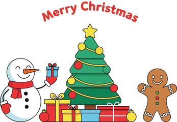 Christmas tree with snowman gingerbread cookie and presents festive holiday decoration vector illustration 