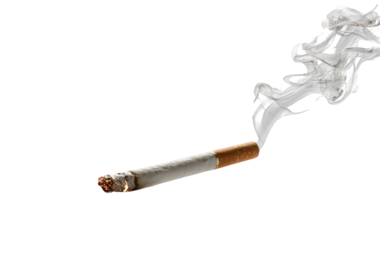 Burning Cigarette with Smoke Against Black Background