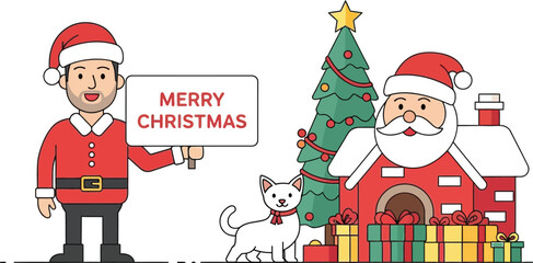 Santa Claus with Christmas tree, gifts, cat, and man holding Merry Christmas sign festive holiday vector illustration 