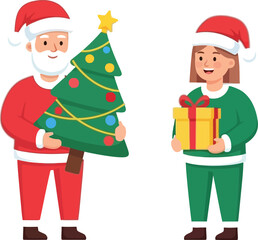 Santa Claus and Child in Christmas Hats Holding Tree and Gift for Winter Holiday Celebration 