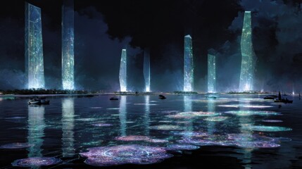 Obraz premium Brightly lit towers rise over calm waters, casting reflections on the surface. The scene evokes a sense of wonder and tranquility at night.