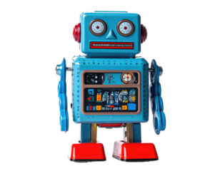 A vintage, colorful robot toy stands upright, showcasing mechanical details