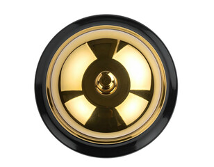 A golden doorbell with a glossy black surround, centered on a dark background